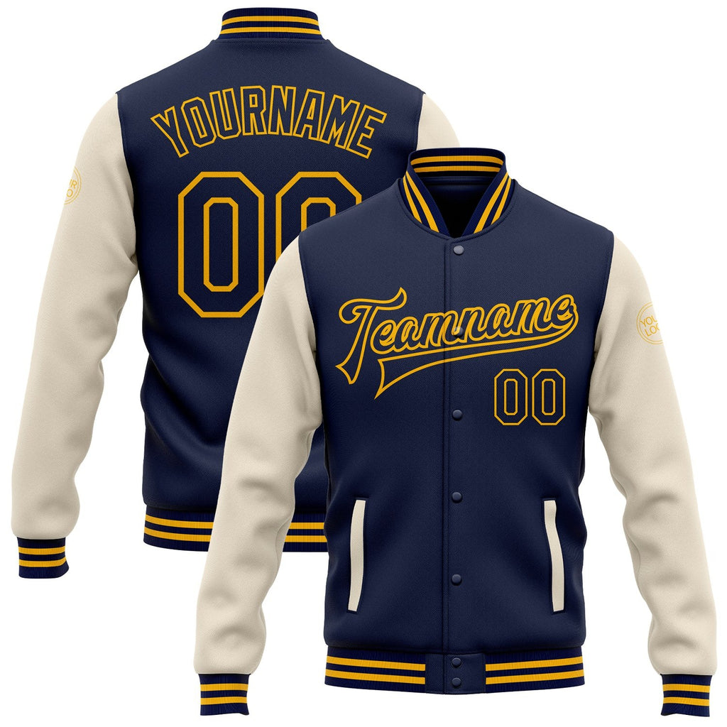 Custom Navy Cream-Gold Bomber Full-Snap Varsity Letterman Two Tone Jacket photo 1