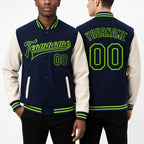 Custom Navy Cream-Neon Green Bomber Full-Snap Varsity Letterman Two Tone Jacket worn front and back