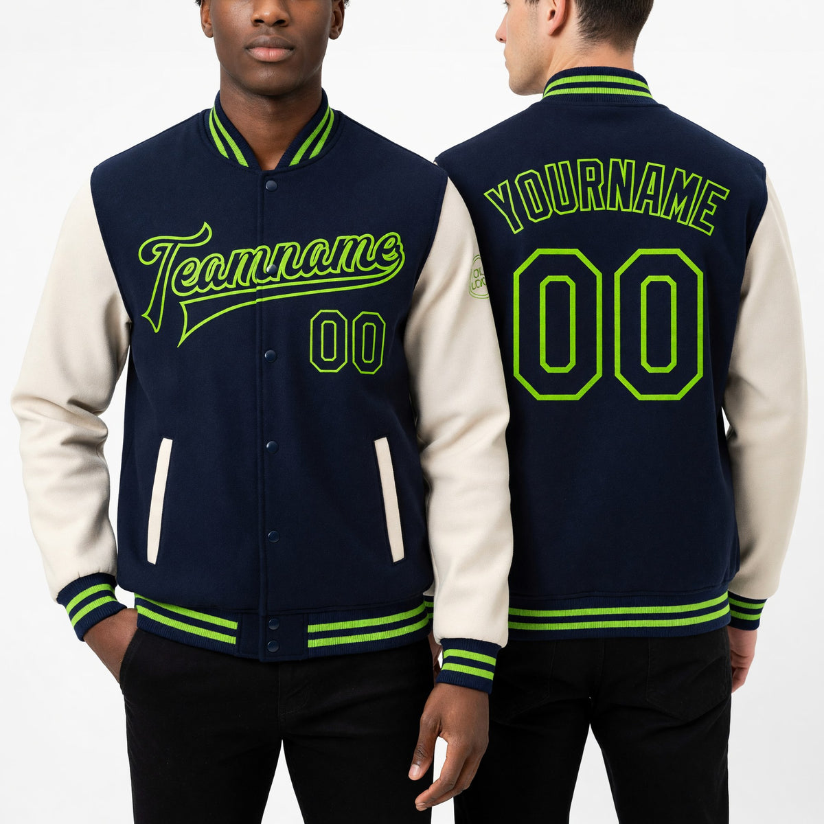 Custom Navy Cream-Neon Green Bomber Full-Snap Varsity Letterman Two Tone Jacket worn front and back
