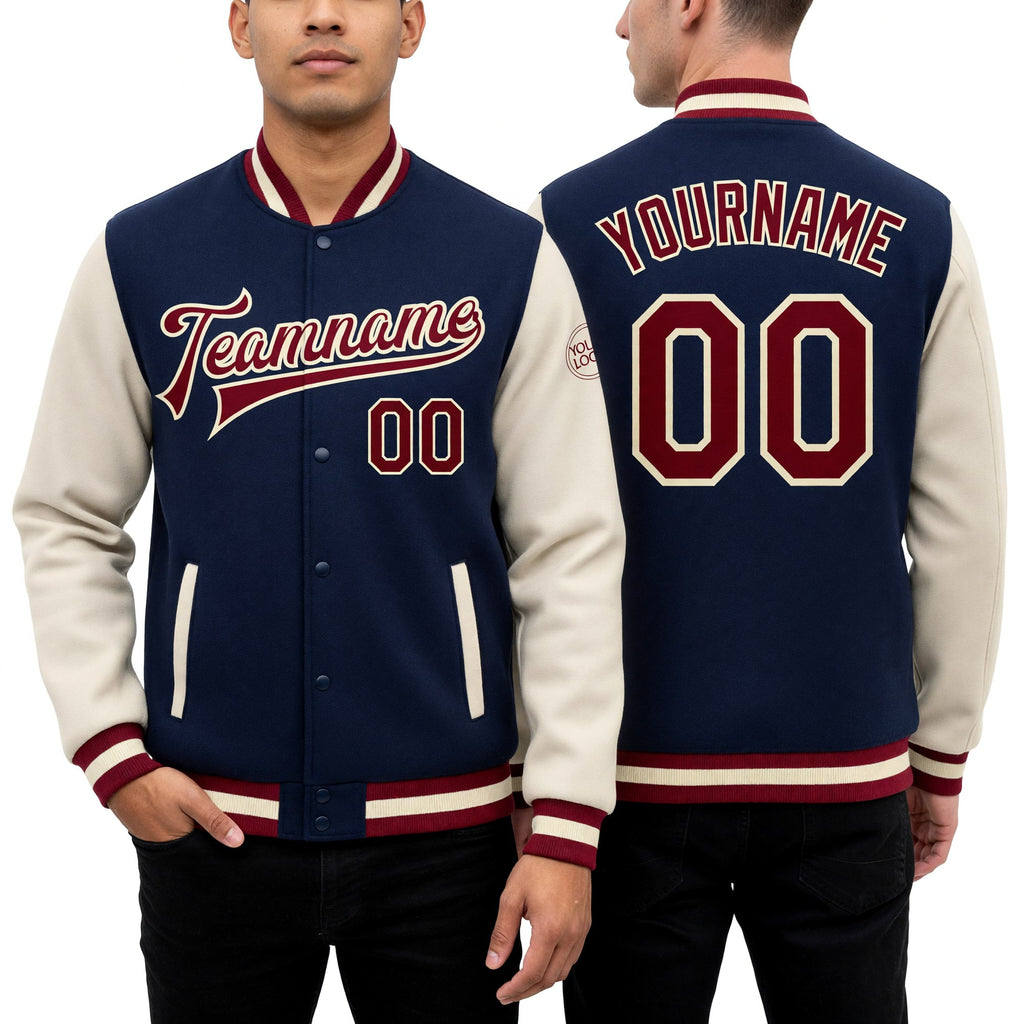Custom Navy Maroon-Cream Bomber Full-Snap Varsity Letterman Two Tone Jacket worn front and back