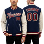 Custom Navy Maroon-Cream Bomber Full-Snap Varsity Letterman Two Tone Jacket worn front and back