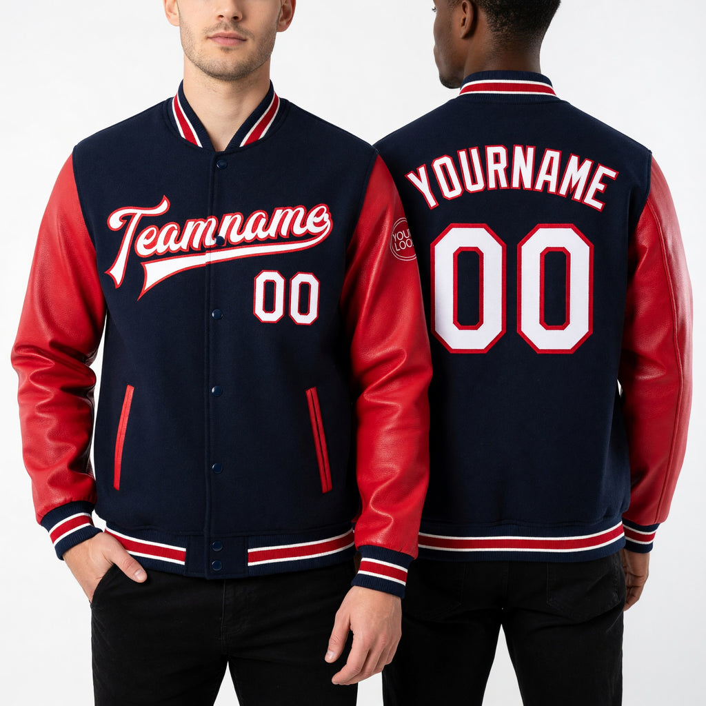 Custom Navy White-Red Bomber Full-Snap Varsity Letterman Two Tone Jacket worn front and back