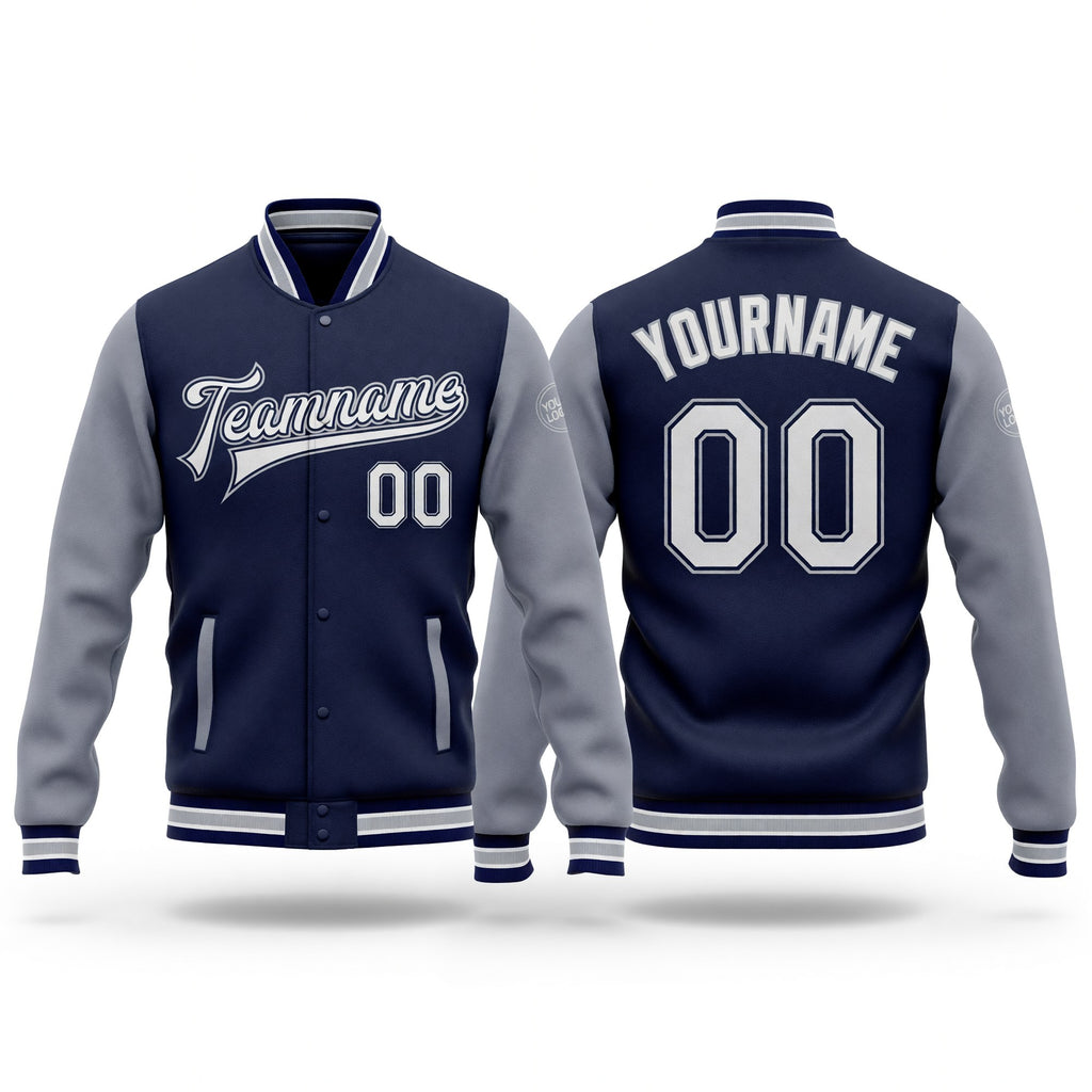 Custom Navy White-Gray Bomber Full-Snap Varsity Letterman Two Tone Jacket