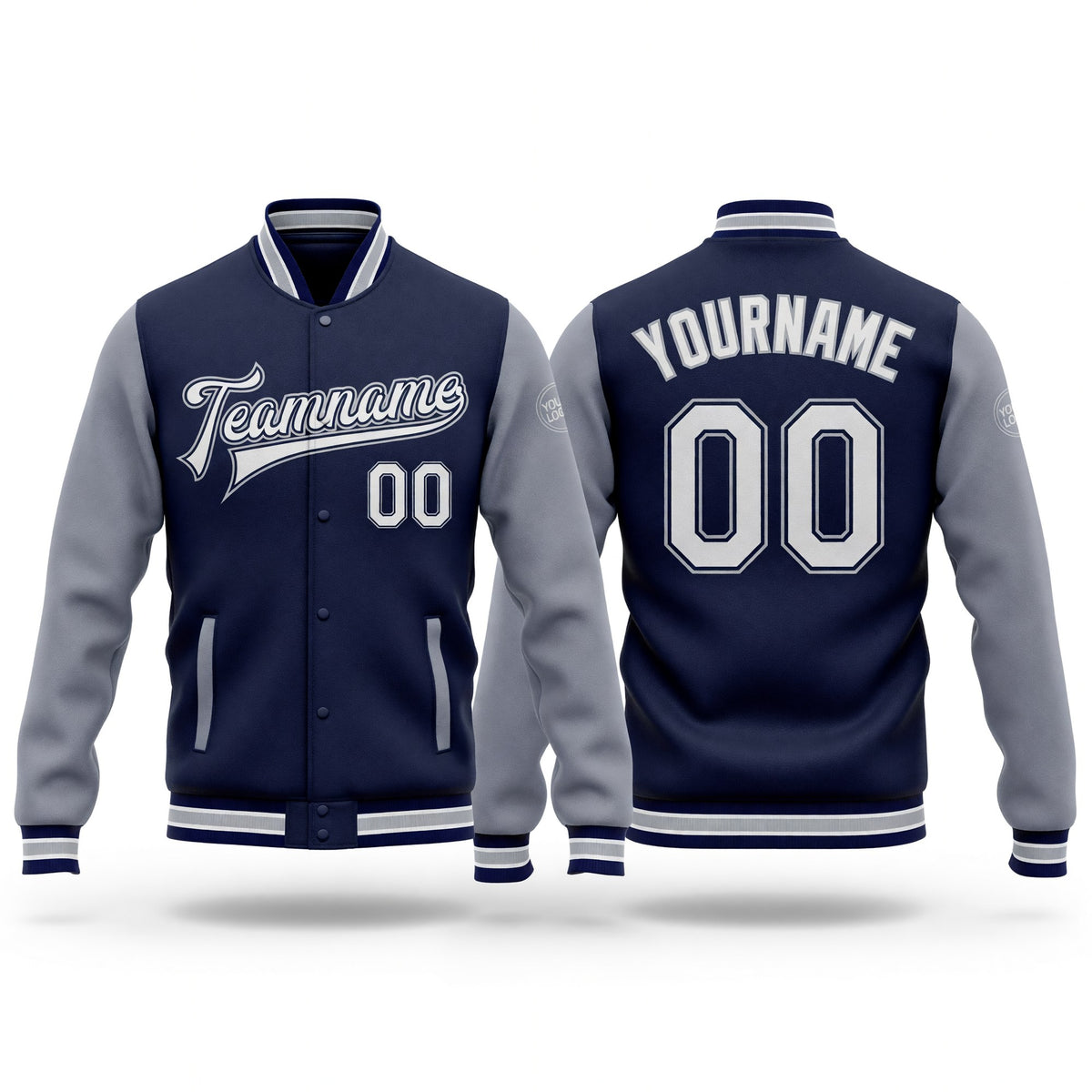Custom Navy White-Gray Bomber Full-Snap Varsity Letterman Two Tone Jacket