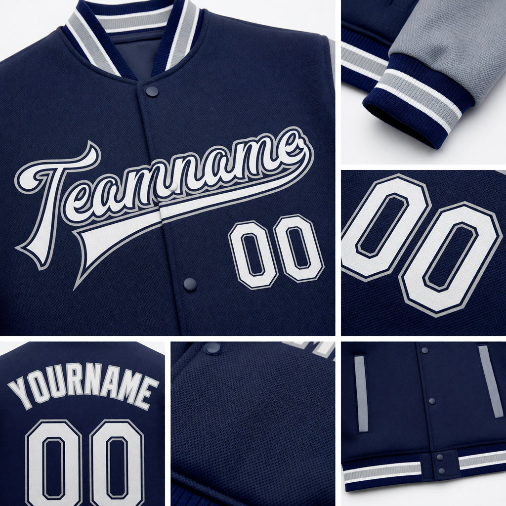 Custom Navy White-Gray Bomber Full-Snap Varsity Letterman Two Tone Jacket detail