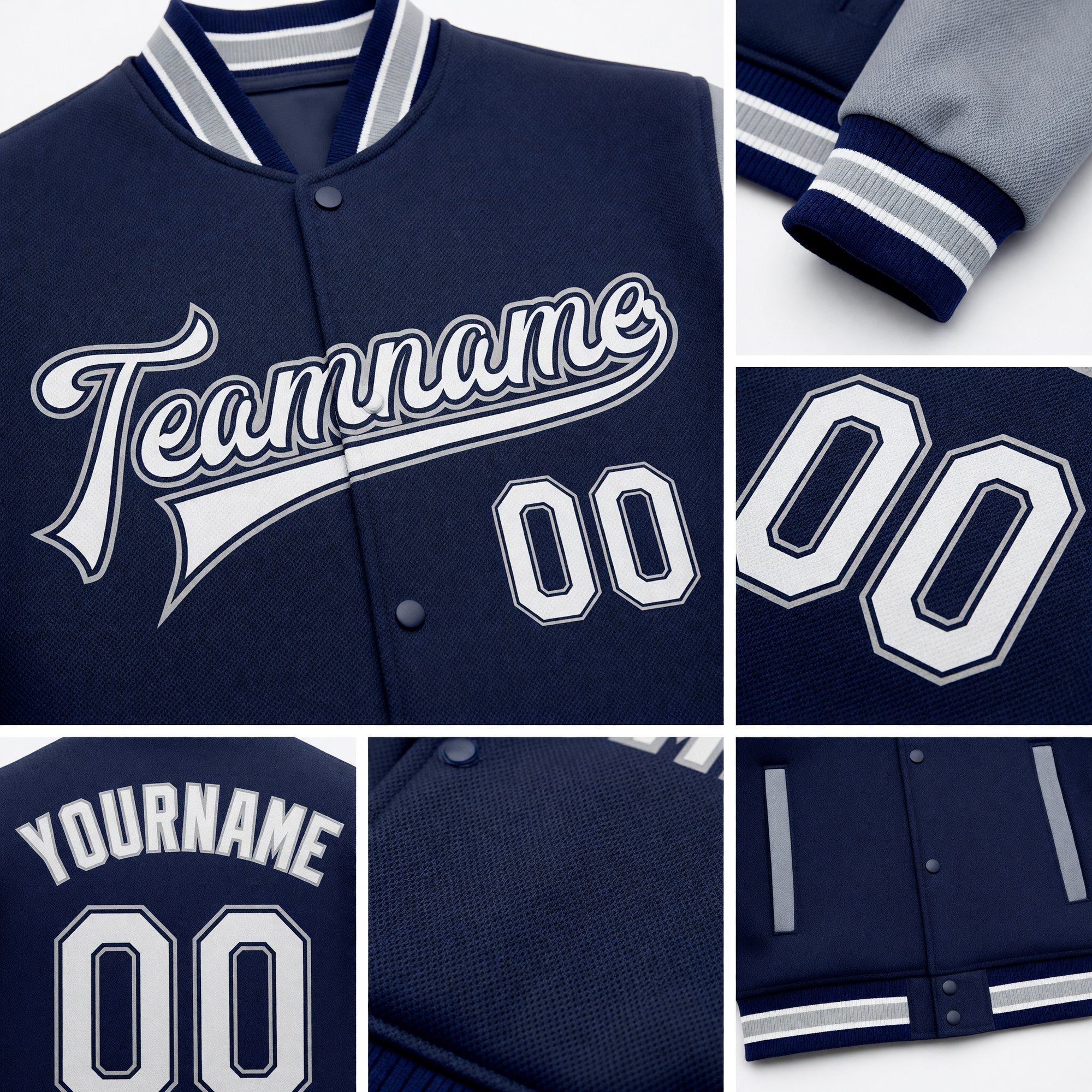 Custom Navy White-Gray Bomber Full-Snap Varsity Letterman Two Tone Jacket detail