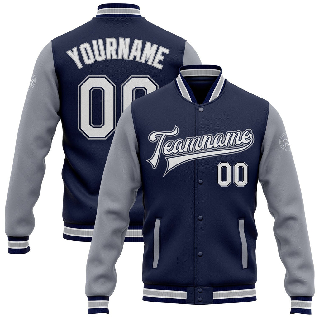 Custom Navy White-Gray Bomber Full-Snap Varsity Letterman Two Tone Jacket photo 1
