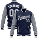 Custom Navy White-Gray Bomber Full-Snap Varsity Letterman Two Tone Jacket photo 1