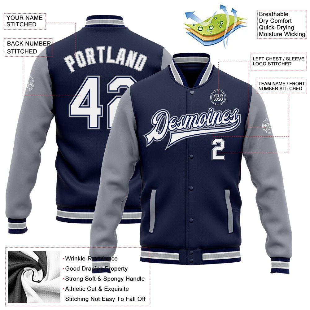 Custom Navy White-Gray Bomber Full-Snap Varsity Letterman Two Tone Jacket photo 5