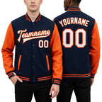 Custom Navy White-Orange Bomber Full-Snap Varsity Letterman Two Tone Jacket worn front and back