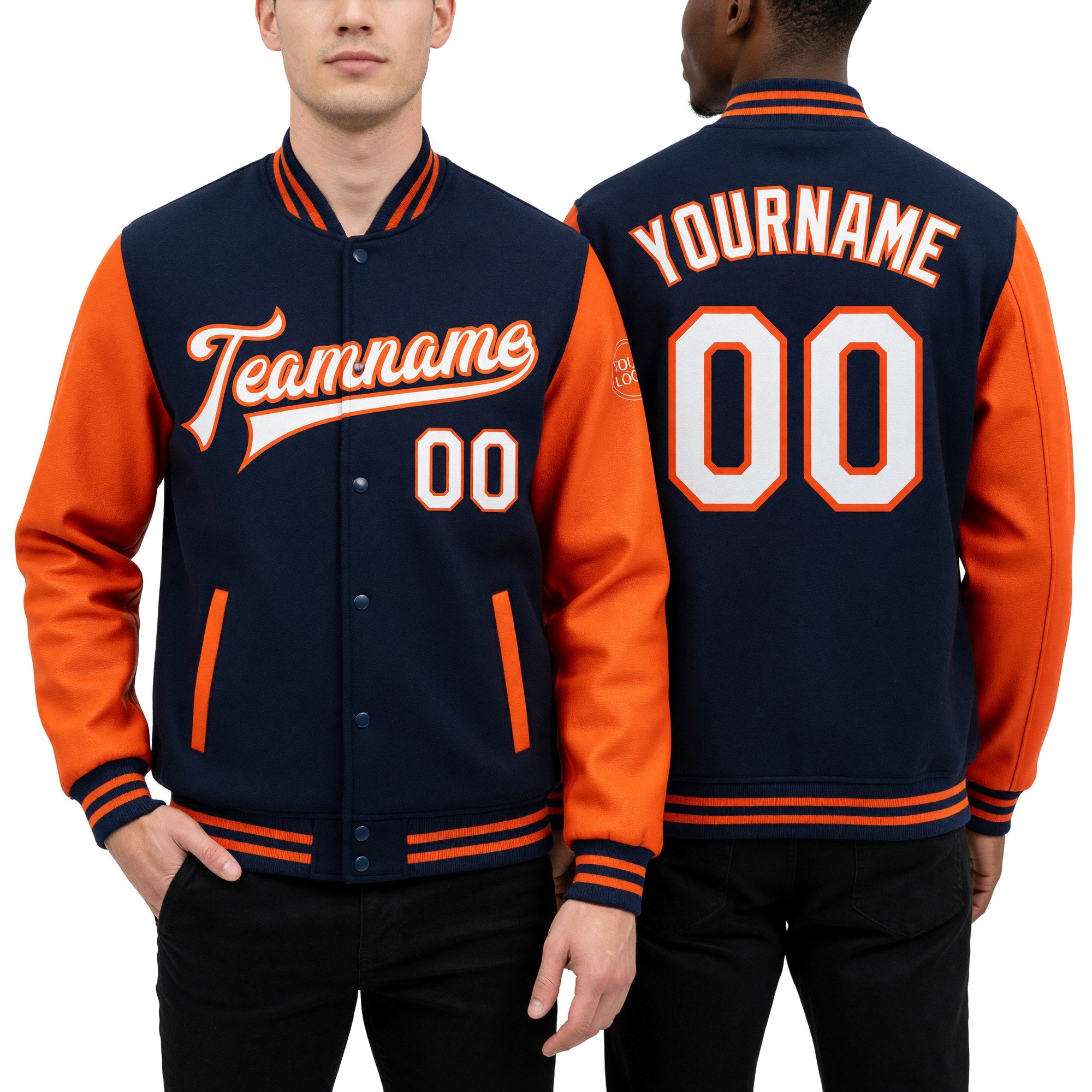 Custom Navy White-Orange Bomber Full-Snap Varsity Letterman Two Tone Jacket worn front and back