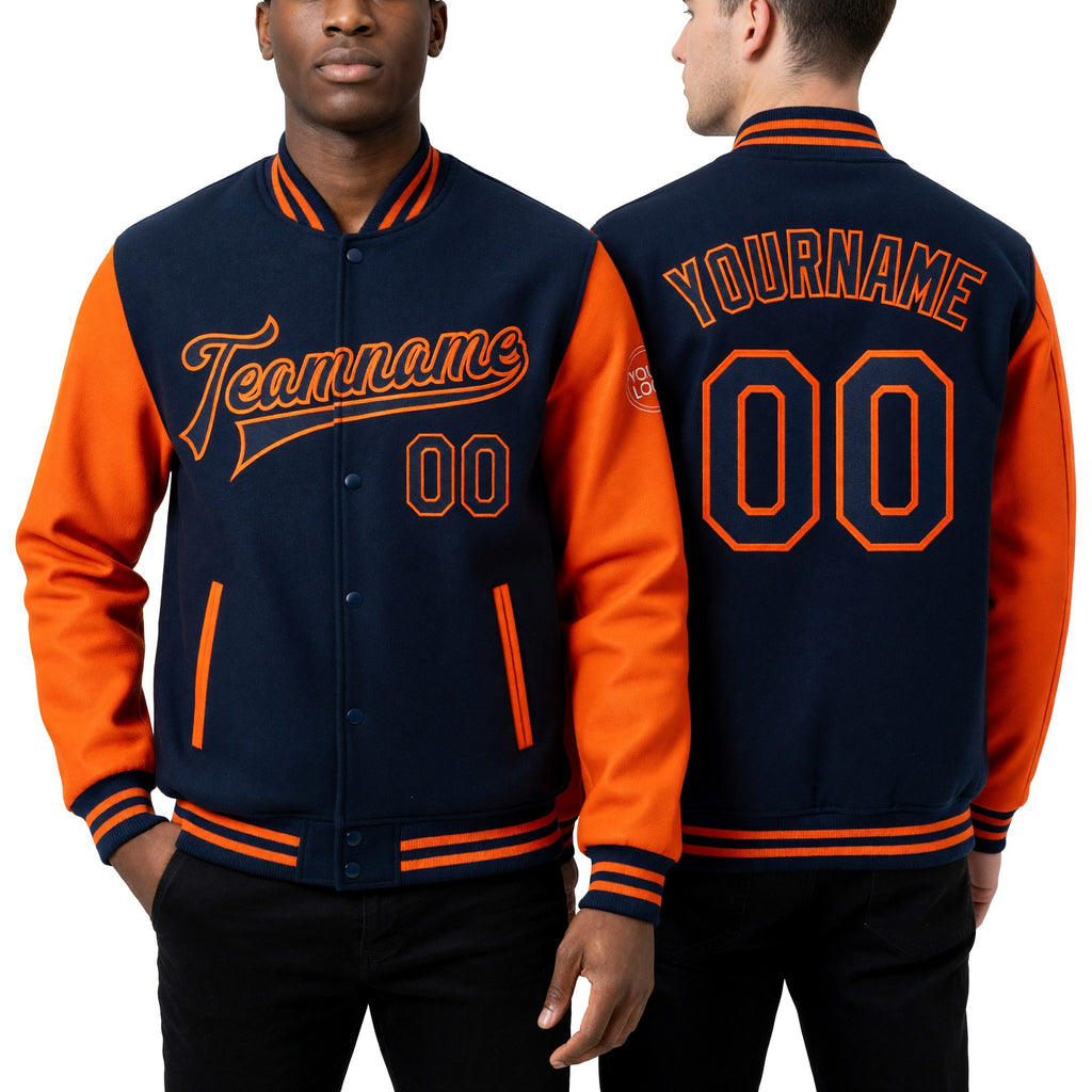 Custom Navy Orange Bomber Full-Snap Varsity Letterman Two Tone Jacket worn front and back