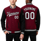 Custom Crimson White-Black Bomber Full-Snap Varsity Letterman Two Tone Jacket worn front and back