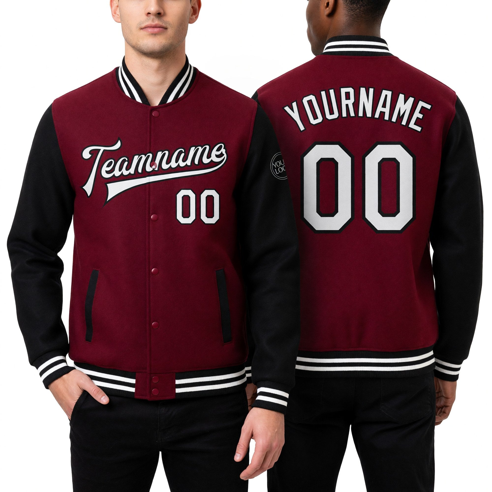 Custom Crimson White-Black Bomber Full-Snap Varsity Letterman Two Tone Jacket worn front and back