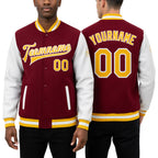 Custom Crimson Gold-White Bomber Full-Snap Varsity Letterman Two Tone Jacket worn front and back