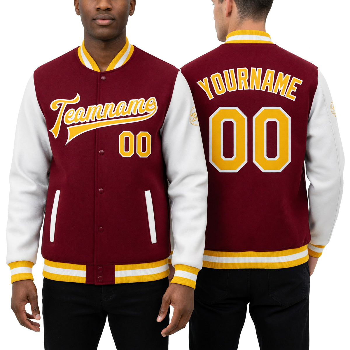 Custom Crimson Gold-White Bomber Full-Snap Varsity Letterman Two Tone Jacket worn front and back