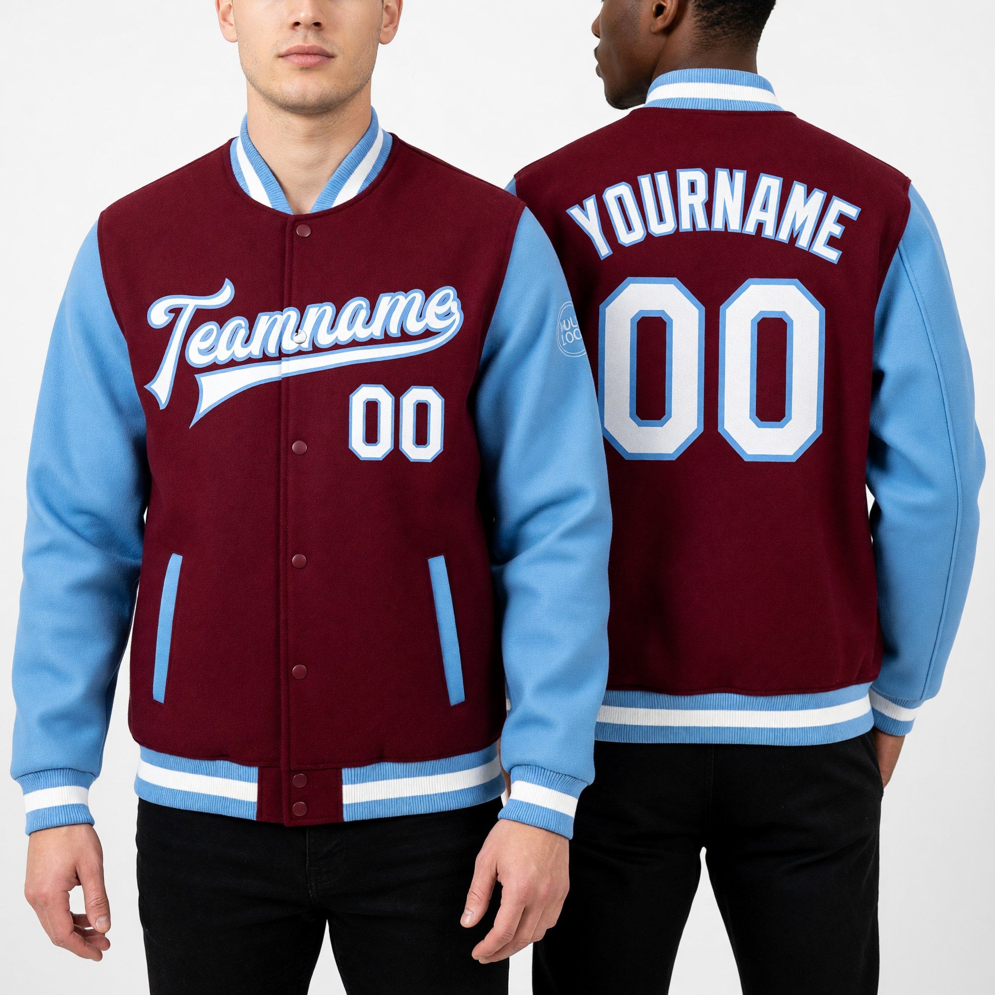 Custom Crimson White-Light Blue Bomber Full-Snap Varsity Letterman Two Tone Jacket worn front and back