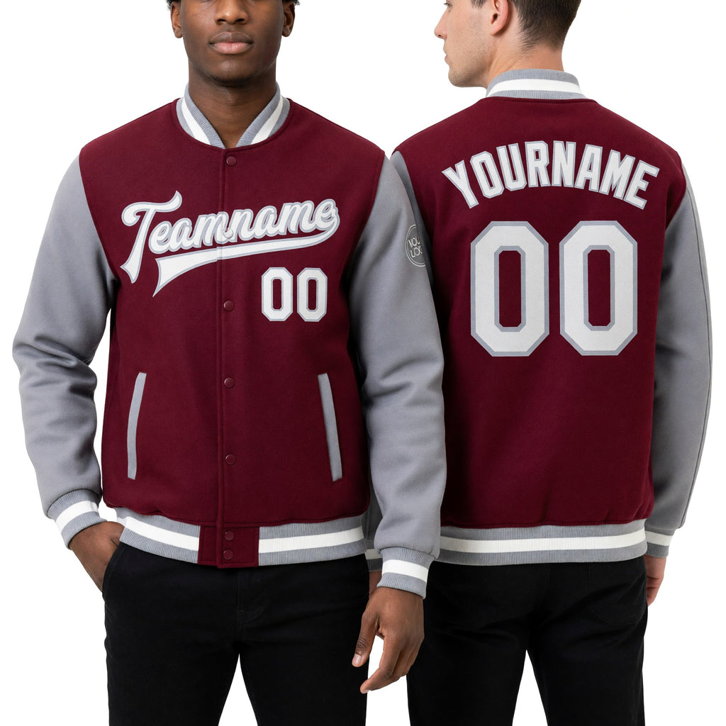 Custom Crimson White-Gray Bomber Full-Snap Varsity Letterman Two Tone Jacket worn front and back