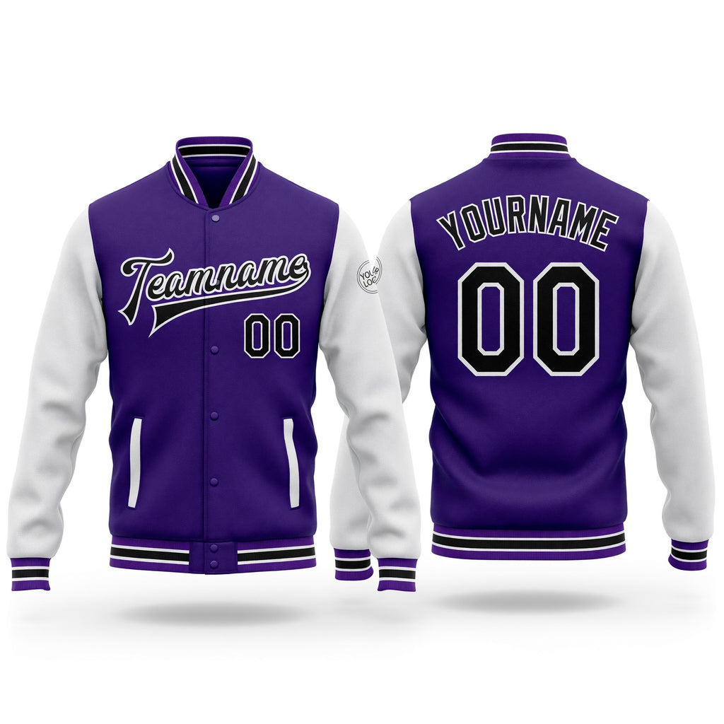 Custom Purple Black-White Bomber Full-Snap Varsity Letterman Two Tone Jacket