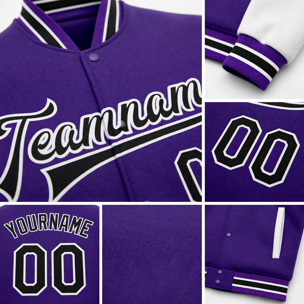 Custom Purple Black-White Bomber Full-Snap Varsity Letterman Two Tone Jacket detail