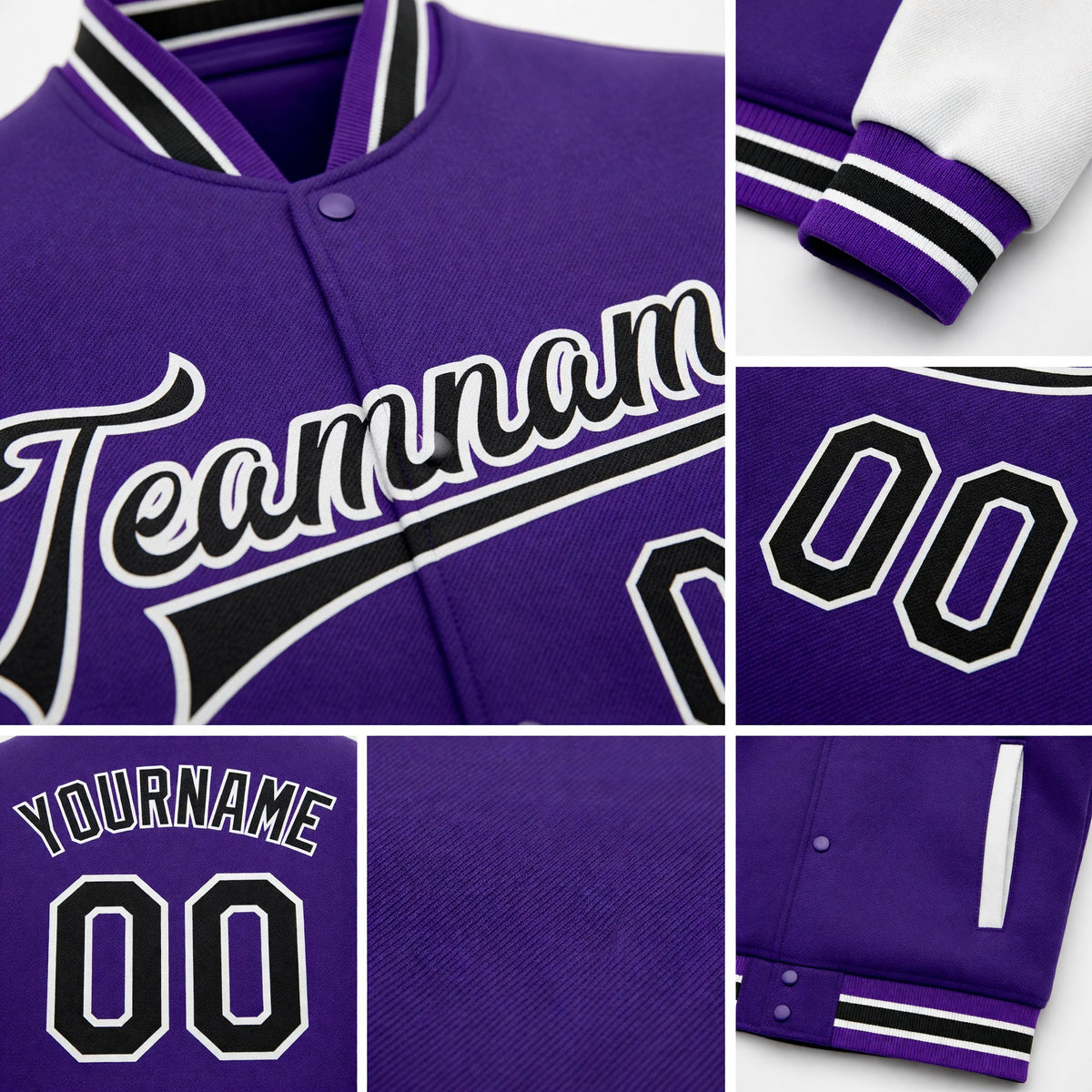 Custom Purple Black-White Bomber Full-Snap Varsity Letterman Two Tone Jacket detail