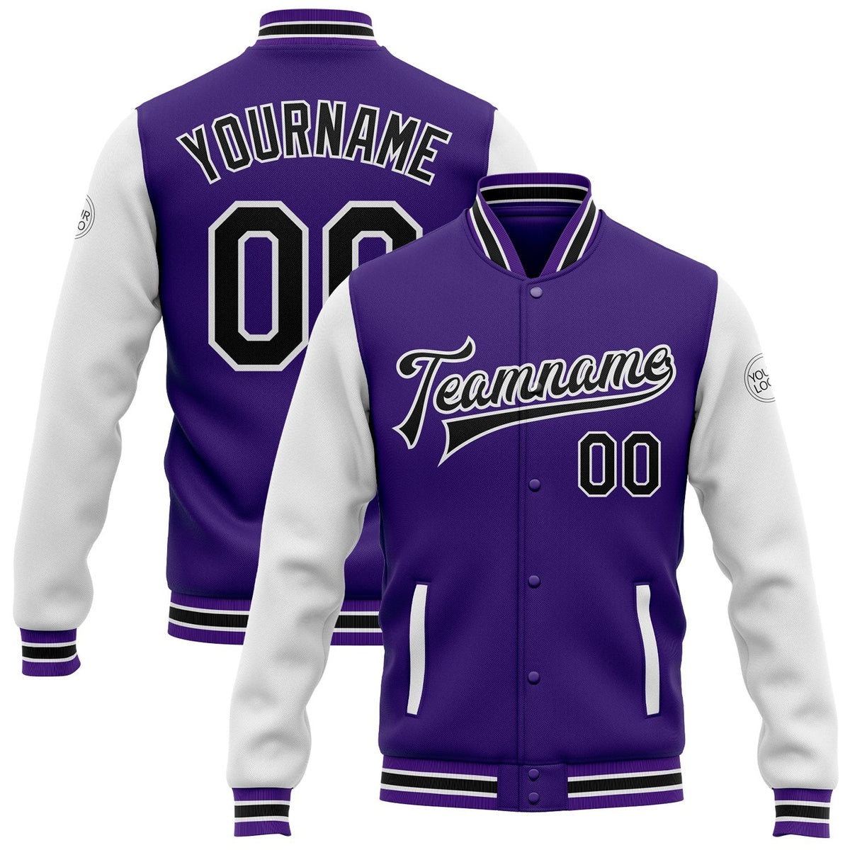 Custom Purple Black-White Bomber Full-Snap Varsity Letterman Two Tone Jacket photo 1
