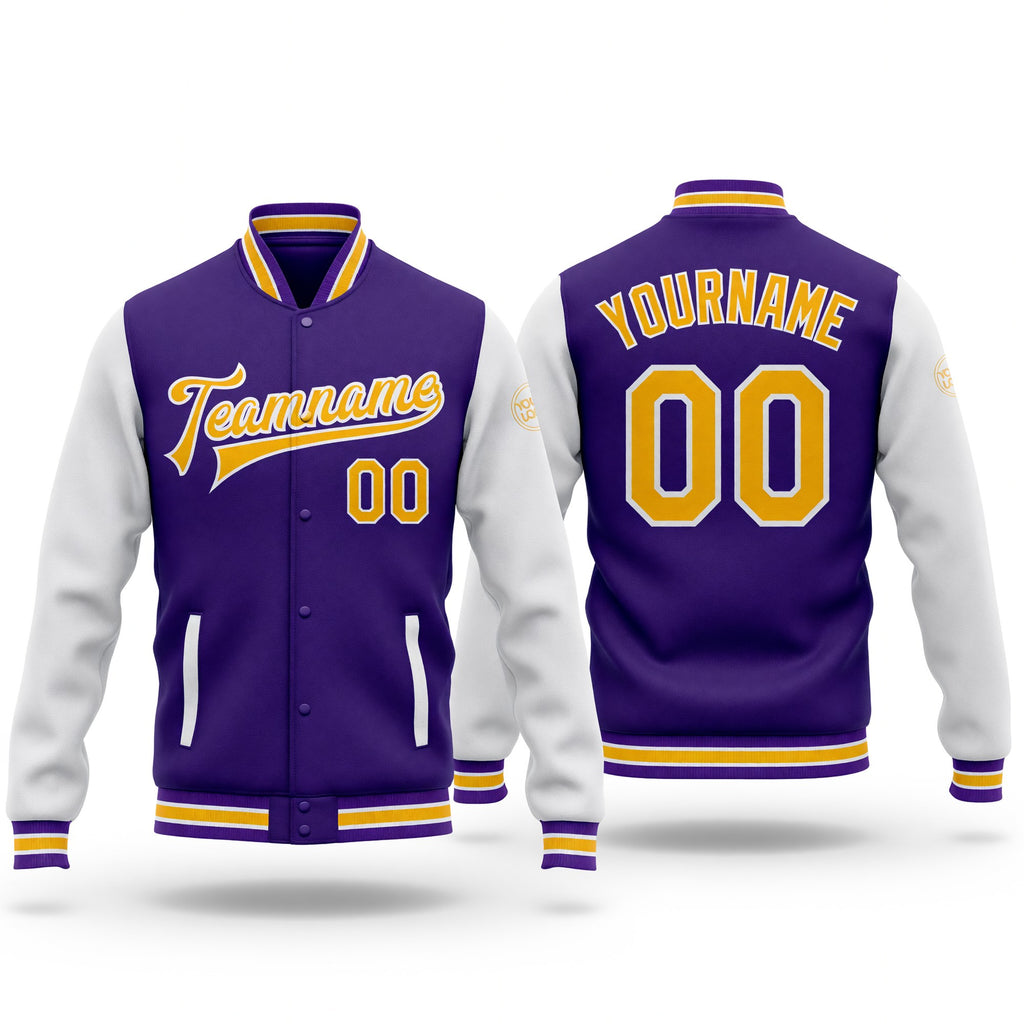 Custom Purple Gold-White Bomber Full-Snap Varsity Letterman Two Tone Jacket