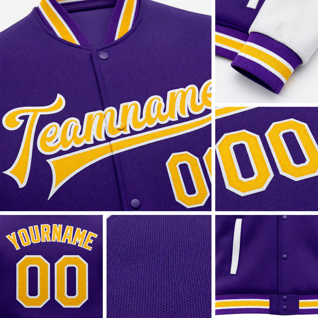 Custom Purple Gold-White Bomber Full-Snap Varsity Letterman Two Tone Jacket detail