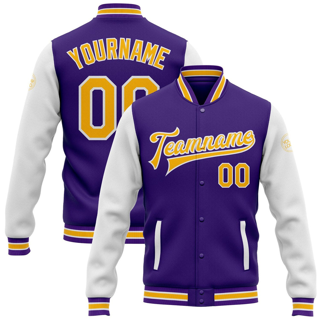 Custom Purple Gold-White Bomber Full-Snap Varsity Letterman Two Tone Jacket photo 1
