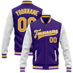 Custom Purple Gold-White Bomber Full-Snap Varsity Letterman Two Tone Jacket photo 1