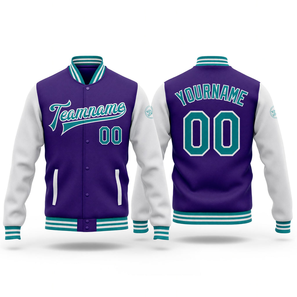 Custom Purple Teal-White Bomber Full-Snap Varsity Letterman Two Tone Jacket
