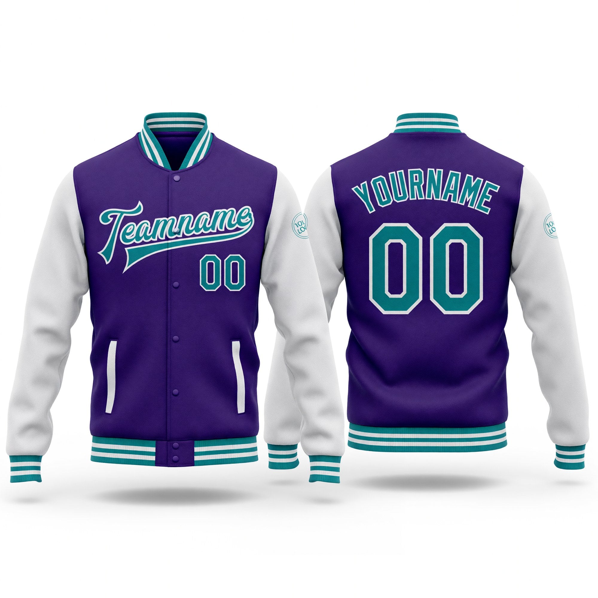 Custom Purple Teal-White Bomber Full-Snap Varsity Letterman Two Tone Jacket