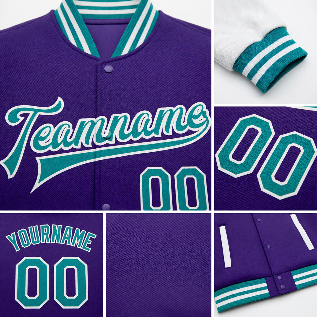 Custom Purple Teal-White Bomber Full-Snap Varsity Letterman Two Tone Jacket detail