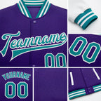 Custom Purple Teal-White Bomber Full-Snap Varsity Letterman Two Tone Jacket detail