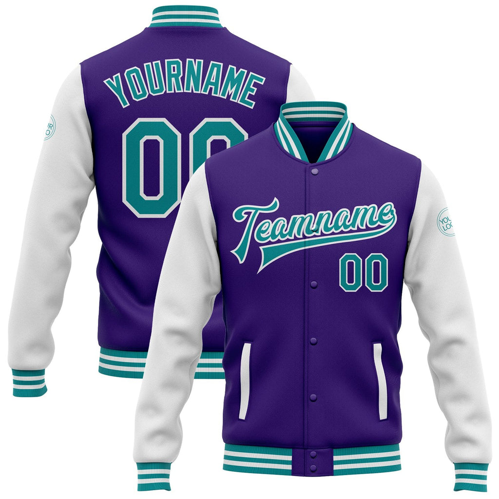 Custom Purple Teal-White Bomber Full-Snap Varsity Letterman Two Tone Jacket photo 1