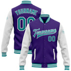Custom Purple Teal-White Bomber Full-Snap Varsity Letterman Two Tone Jacket photo 1