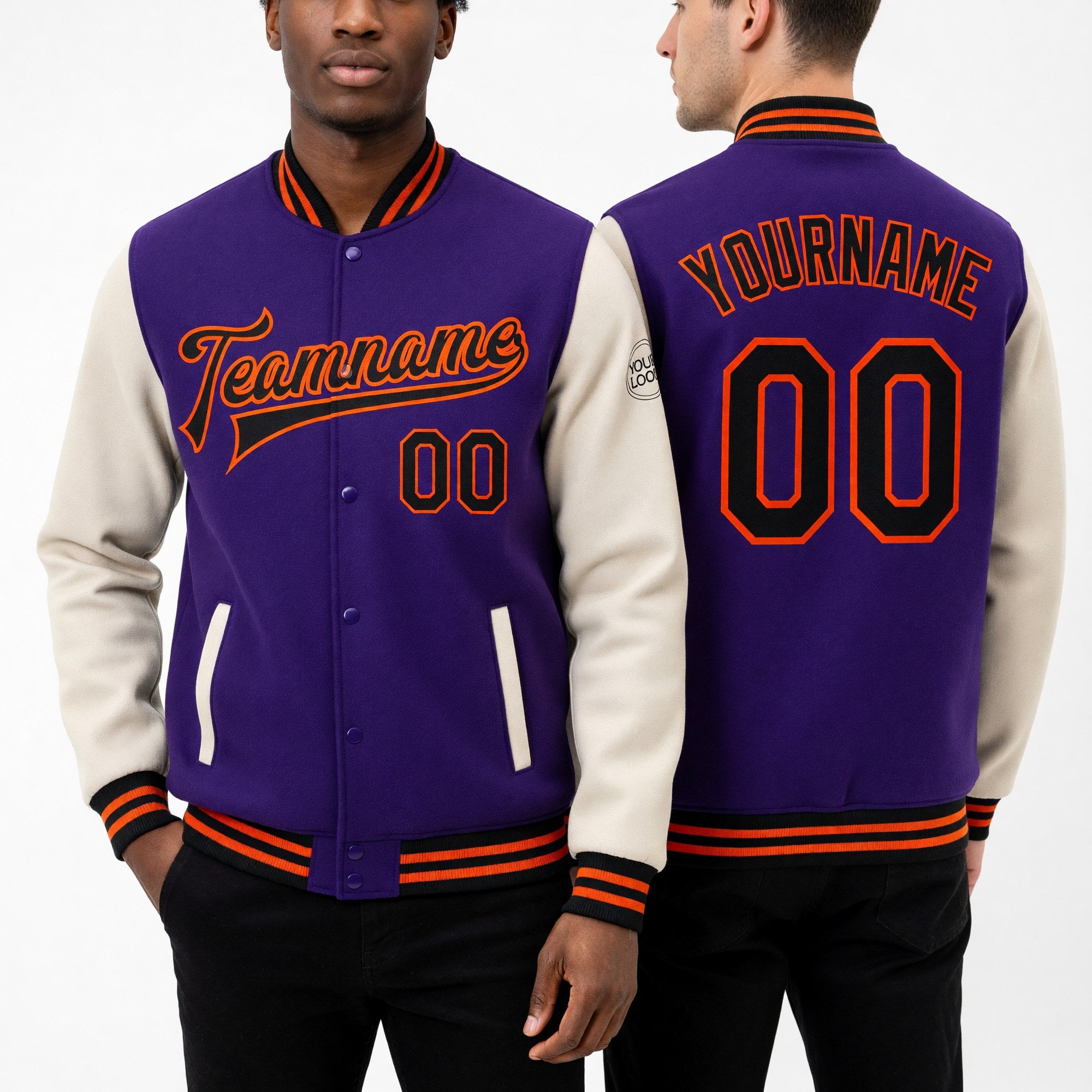 Custom Purple Black Cream-Orange Bomber Full-Snap Varsity Letterman Two Tone Jacket worn front and back