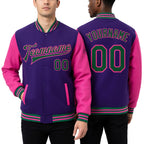 Custom Purple Kelly Green-Pink Bomber Full-Snap Varsity Letterman Two Tone Jacket worn front and back