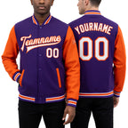 Custom Purple White-Orange Bomber Full-Snap Varsity Letterman Two Tone Jacket worn front and back
