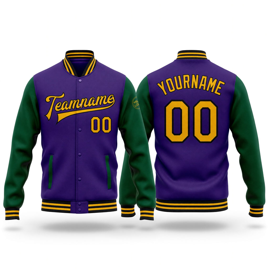 Custom Purple Gold-Kelly Green Bomber Full-Snap Varsity Letterman Two Tone Jacket