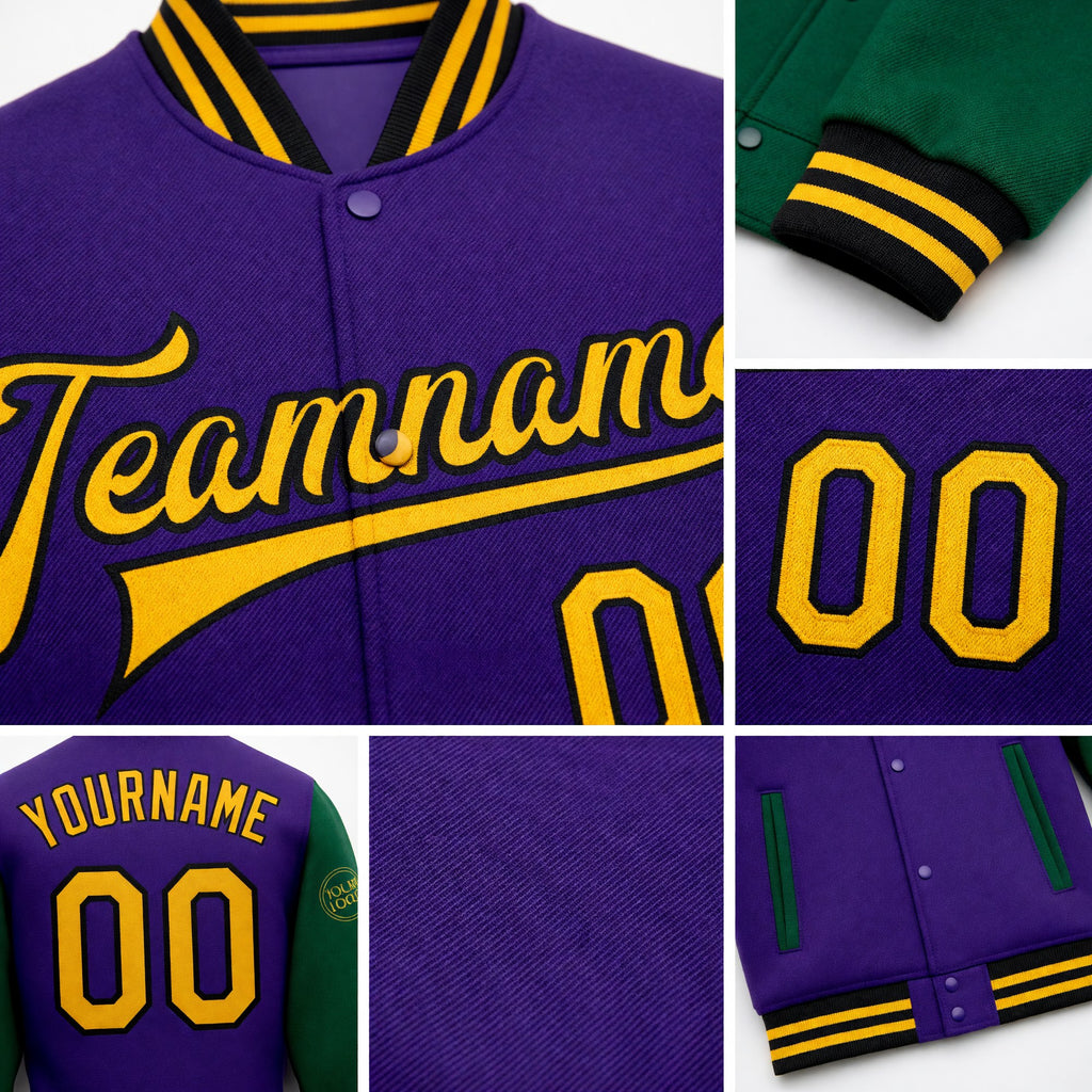 Custom Purple Gold-Kelly Green Bomber Full-Snap Varsity Letterman Two Tone Jacket detail