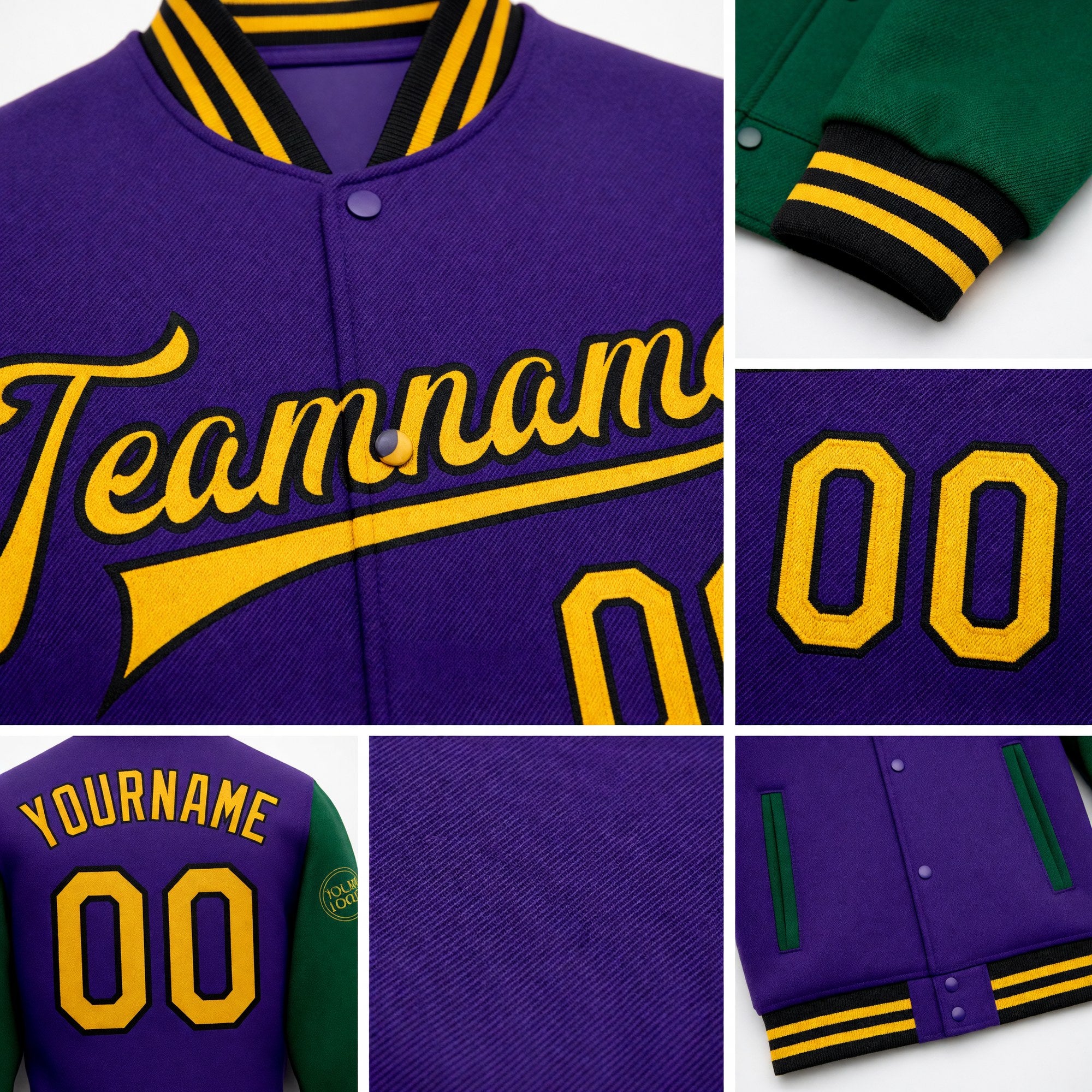 Custom Purple Gold-Kelly Green Bomber Full-Snap Varsity Letterman Two Tone Jacket detail