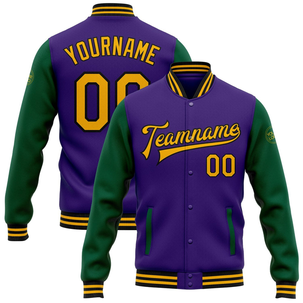 Custom Purple Gold-Kelly Green Bomber Full-Snap Varsity Letterman Two Tone Jacket photo 1