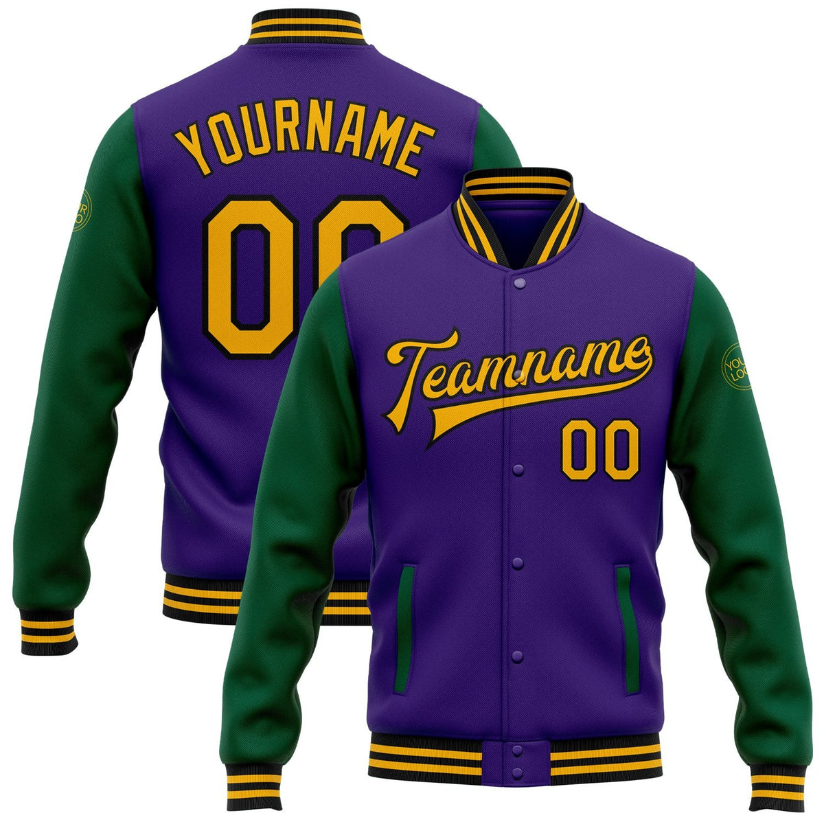 Custom Purple Gold-Kelly Green Bomber Full-Snap Varsity Letterman Two Tone Jacket photo 1
