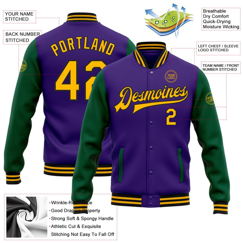 Custom Purple Gold-Kelly Green Bomber Full-Snap Varsity Letterman Two Tone Jacket photo 5