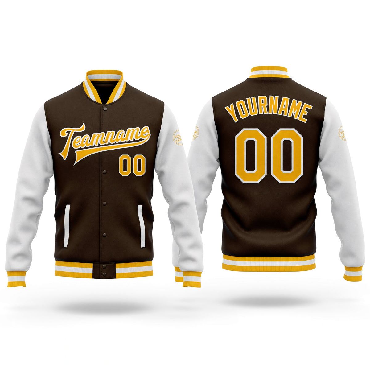 Custom Brown Gold-White Bomber Full-Snap Varsity Letterman Two Tone Jacket