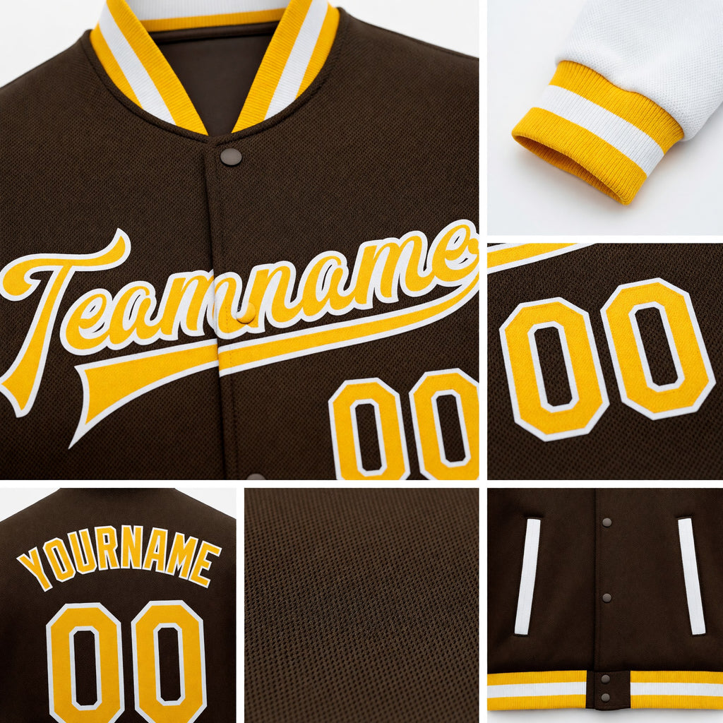 Custom Brown Gold-White Bomber Full-Snap Varsity Letterman Two Tone Jacket detail