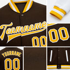 Custom Brown Gold-White Bomber Full-Snap Varsity Letterman Two Tone Jacket detail