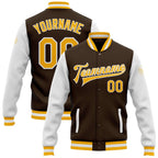 Custom Brown Gold-White Bomber Full-Snap Varsity Letterman Two Tone Jacket photo 1