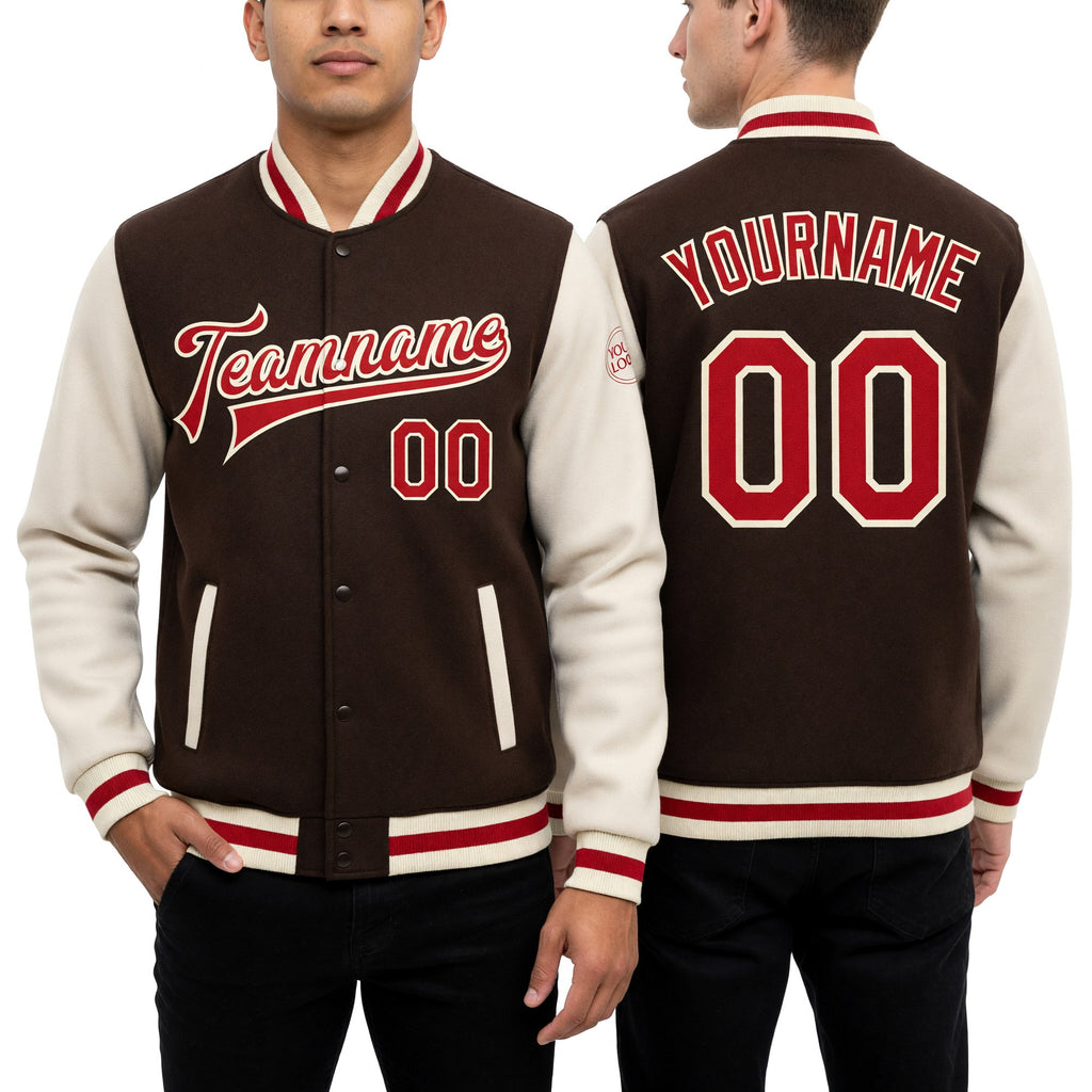 Custom Brown Red-Cream Bomber Full-Snap Varsity Letterman Two Tone Jacket worn front and back